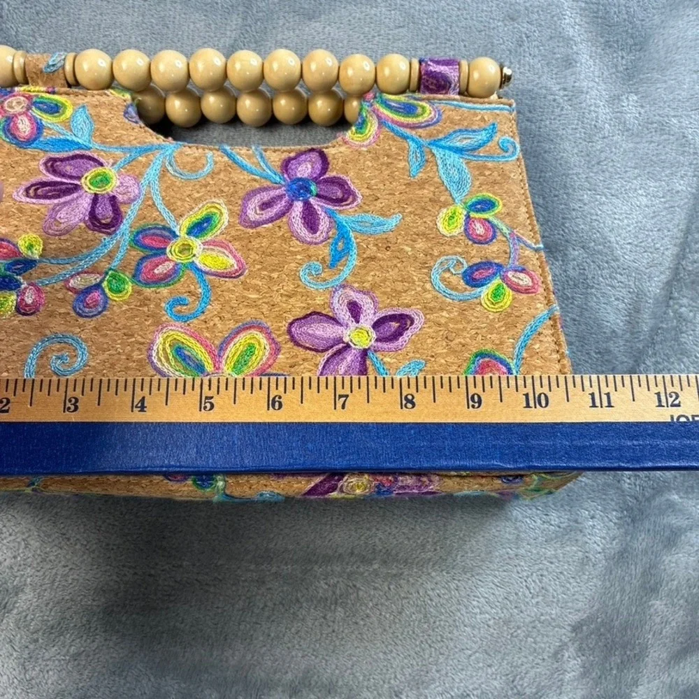 Floral Embroidered Cork Handbag Wooden Bead Top Handle Satchel Tan Multi